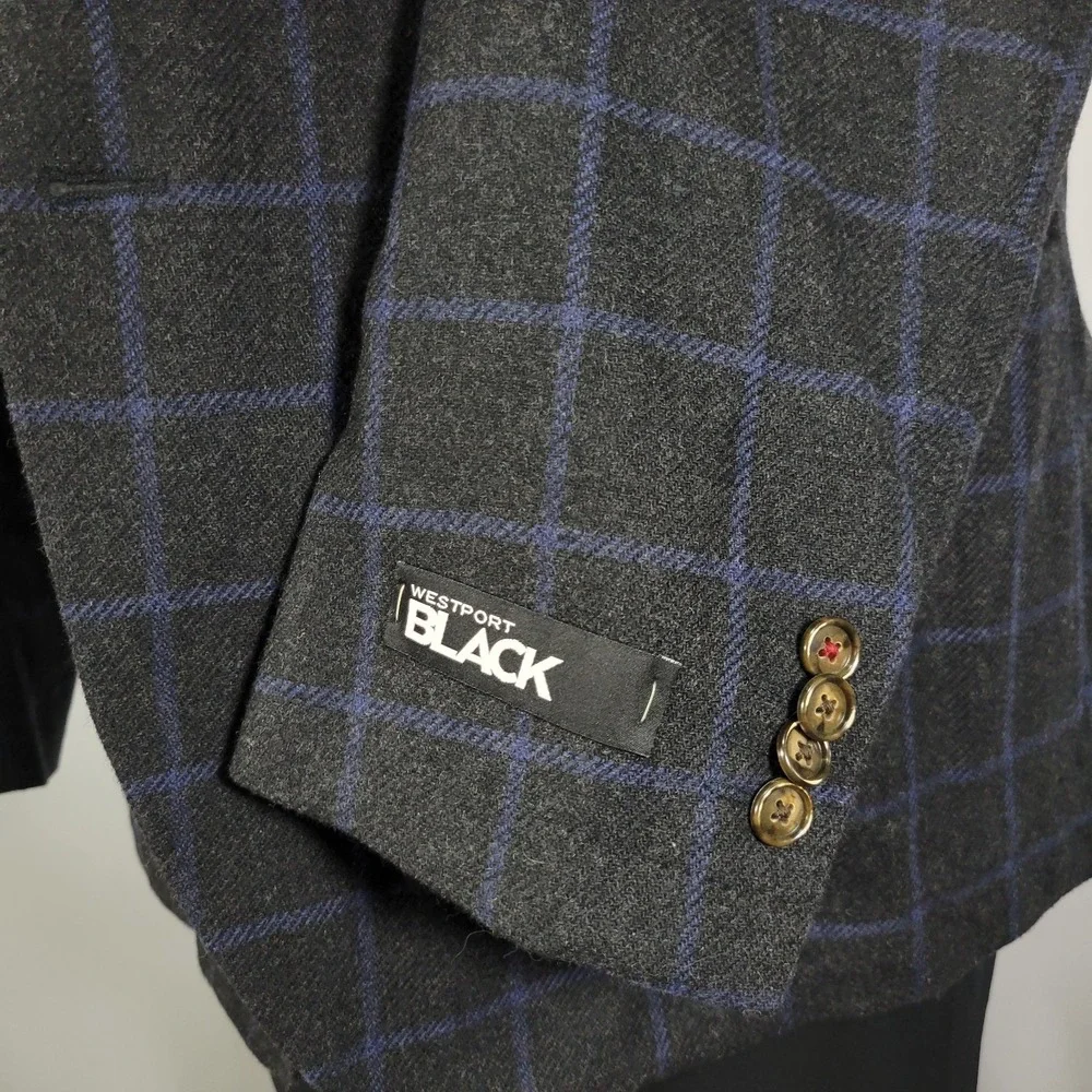 Westport Men's Sport Coat Blazer Two Button Flannel Charcaol Blue Plaid Wool 52R